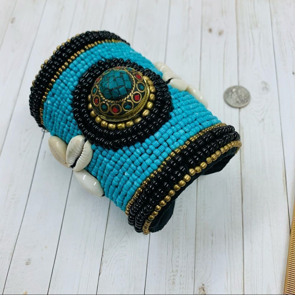 Beaded Fabric Lined Long Cuff Bracelet‎